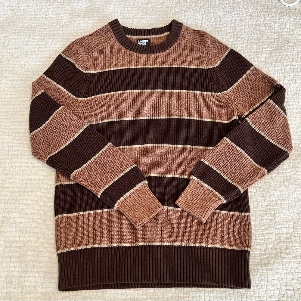 Lands' End Drifter Cotton Brown stripped Sweater Size L